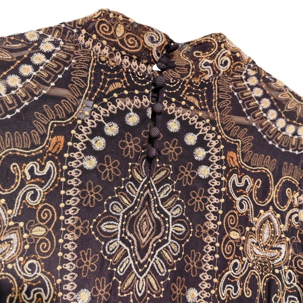 Johnny Was Jade M Loving Is Easy Mesh Embroidered Tee Top Brown High Neck - Picture 8 of 9